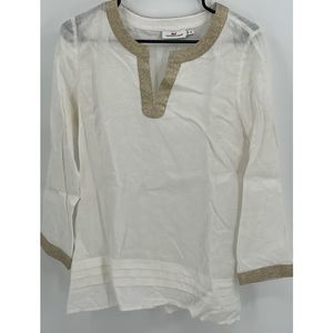 Vineyard Vines Tunic Top Linen Medium Split V Neck Shirt Blouse Gold Long Sleeve